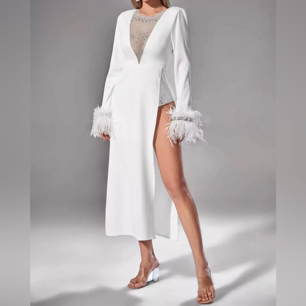 White feather bridal after party dress